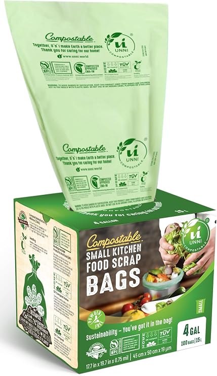 UNNI 4 Gallon Compostable Bags, 100 Count, 15 Liter, Extra Thick 0.75 Mil | Small Compost Bags for Kitchen Food Scrap Bins & Compost Caddies, Certified by BPI, CMA & OK compost HOME, Meets ASTM D6400