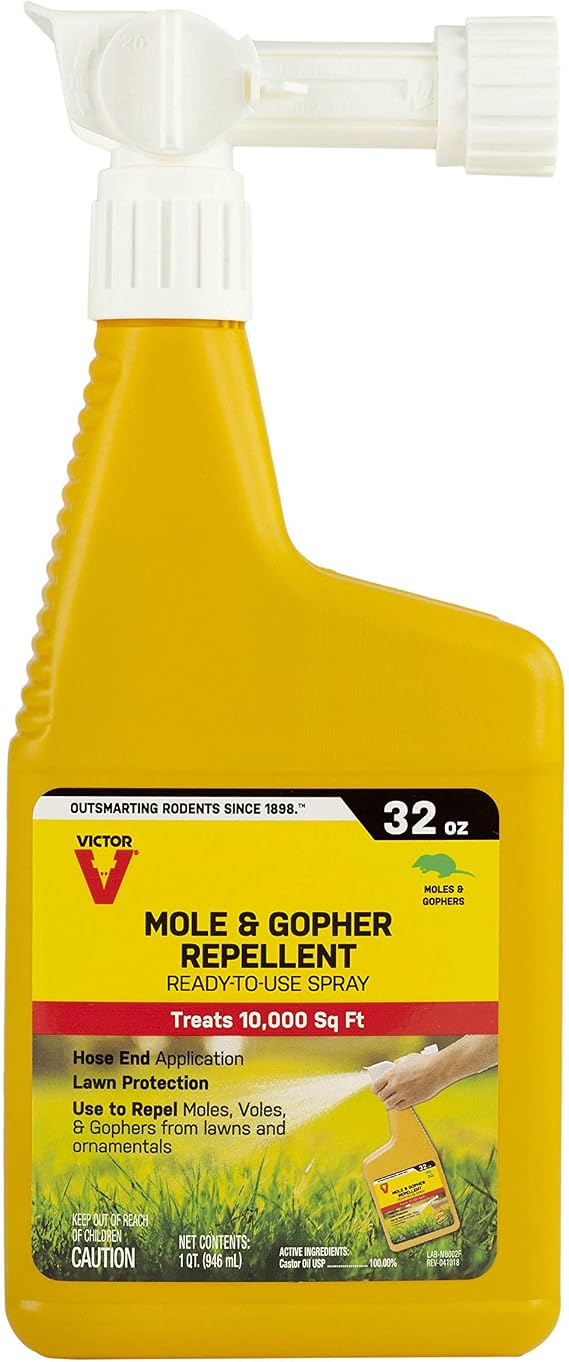 Victor Mole and Gopher Repellent Spray, 32 fl oz Bottle | Ready-to-Use Spray, Covers 10,000 Sq Ft, Castor Oil Pest Control for Lawns and Gardens, Safe Around People