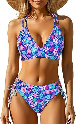 Womens Two Piece Bikini - Push Up Swimsuit Set V Neck Lace Up Bathing Suit 2025 Swimwear