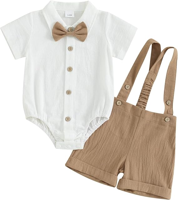 Honganda Baby Boys Gentleman Outfits Bow Tie Short Sleeve Button Up Romper + Overall Shorts Infant Wedding Cake Smash Clothes