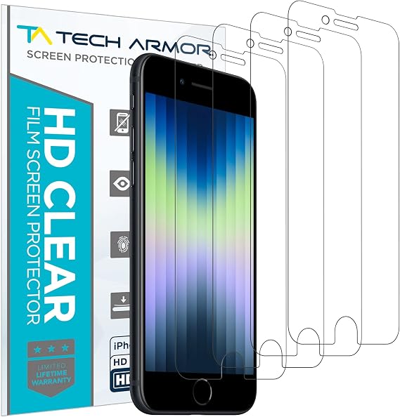 Tech Armor Screen Protector for iPhone SE 3, SE 2, HD PET Film, 4-Pack