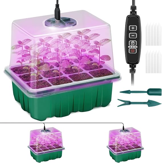 Seed Starter Trays with Grow Light Kit, 2 Pack Plant Greenhouse Propagator | 12-Cell Tray, Humidity Temperature Vented Dome, Green Base, Brightness/ Timing Controller and Gardening Tools for Indoor Use