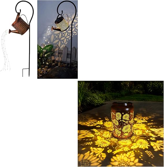 Solar Lanterns Outdoor Waterproof,Metal Watering Can with Hook 1PC,Solar Sunflower and Dragonfly Garden Decor Lights,Waterproof Solar Powered Hanging Lantern for Patio,Yard,Porch,1PC