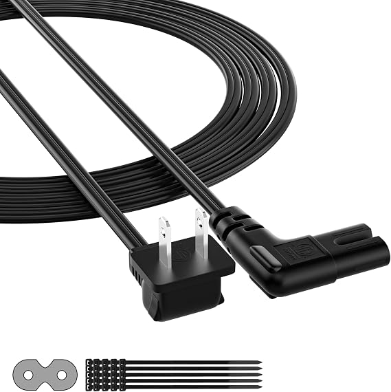 2-Slot Non-Polarized Right Angle Power Cord - 8 FT, NEMA 1-15P to IEC C7 90 Degree AC Power Cable, Universal (Figure 8) Power Supply, Black, with 25 Cable Ties