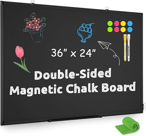 Magnetic Chalk Board, 36x24 Black Chalkboard Double-Sided Dry Erase Board Magnetic Blackboard for Wall, Black Framed Small Chalk Board Home, School, Office, Kitchen