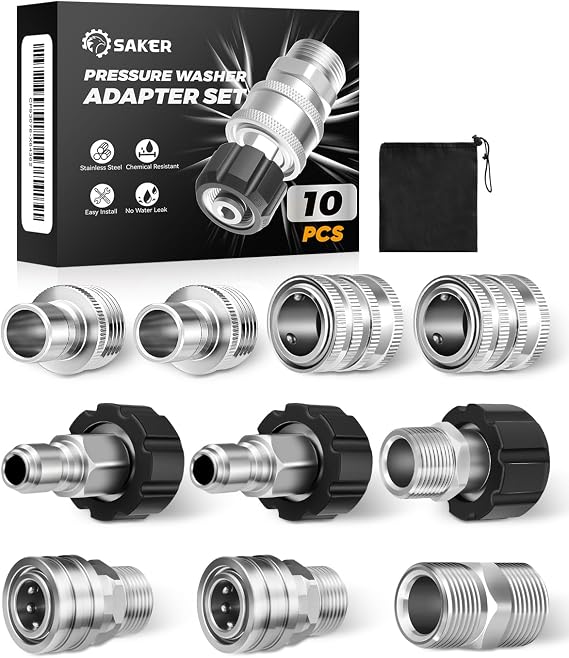 Saker Pressure Washer Hose Connector Set 10 PCS,Hose Adapter Set,Pressure Washer Connector Accessories,M22-14 Swivel to 3/8'' Quick Connect, 3/4" to Quick Disconnect,Quick Connect Set with Storage Bag