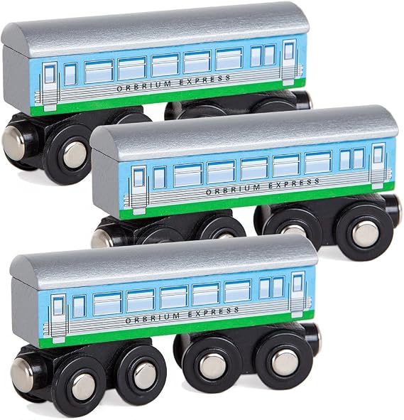 Orbrium 3 Pcs Large Wooden Railway Express Coach Cars, Compatible with Thomas & Friends Push-Along the Tank Engine, Brio, Chuggington Wooden Train
