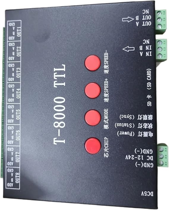 DC5V 12V-24V T-8000A TTL LED Pixel Controller with SD Card Program Suitable for ws2812b/WS2811/WS2813/LPD6803/DMX512 LED Strips