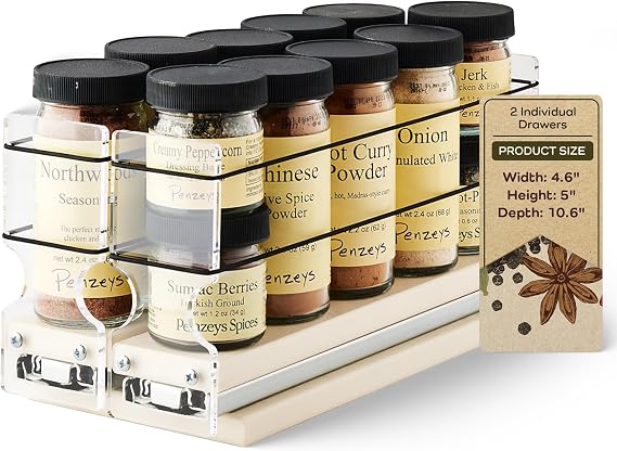 Vertical Spice - Narrow Pullout Spice Rack - Sliding Drawer for Kitchen Organization - Pantry Organizers and Storage - 2 Drawers - 10 Spice Jar Capacity (4.6" W x 5.0" H x 10.6" D, Cream)