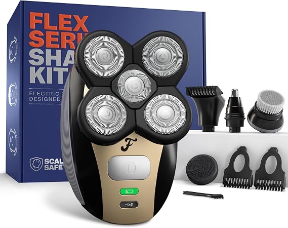 Freebird FlexSeries Electric Head & Body Hair Shaver - Mens Cordless Rechargeable Wet/Dry Skull Bald Head Back & Groin Waterproof Razor with Rotary Blades, Clippers, Nose Trimmer, Brush, Massager