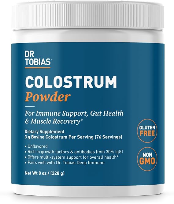 Dr. Tobias Colostrum Powder - Premium Bovine Colostrum Supplement for Immune Support, Gut Health & Muscle Recovery | 3g Per Serving Minimum 30% IgG Unflavored (8 oz 76 Servings)
