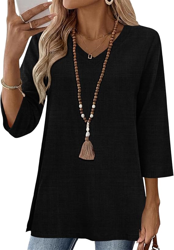 AKEWEI 3/4 Length Sleeve Cotton Linen Womens Tops V Neck Loose Fit Dressy Casual Blouse Flowy Shirts Womens Clothing