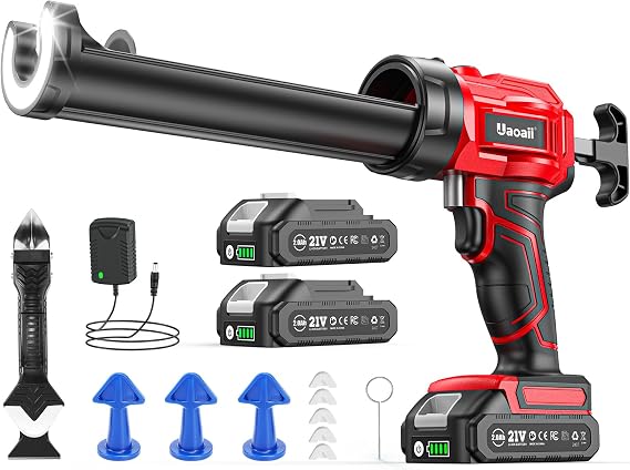 Electric Caulking Gun, Cordless Caulking Gun with 2x 2000mAh Batteries, 9Pcs Silicone Caulking Tools, 4 Adjustable Speeds, LED Light, 10OZ Battery Silicone Gun for Filling, Sealing (Red)