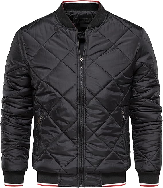 DGHM-JLMY Men's Diamond Zipper Collar Solid Casual Coat Quilted Diamond Pattern Bomber Jackets Warm Thicken Padded Coats (Black,Large)