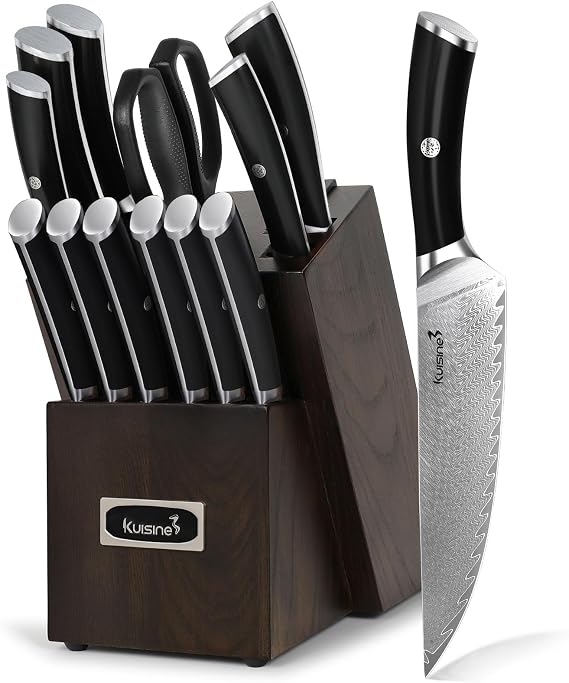 KUISINE 14-Piece Damascus Knife Set with Block, Ultra Sharp