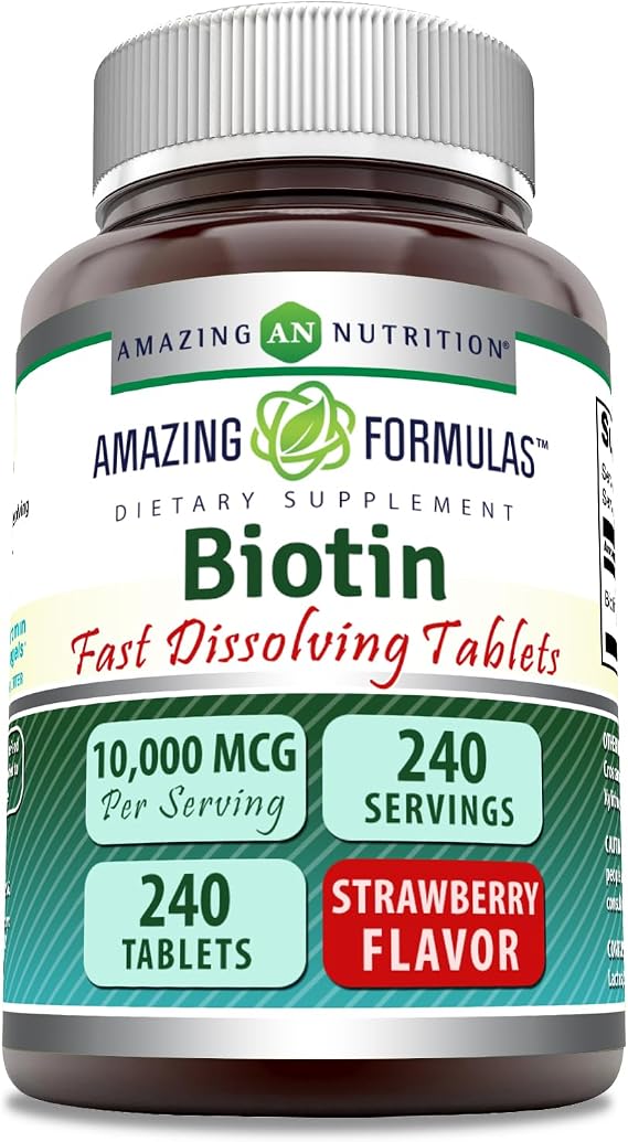 Amazing Formulas Biotin 10,000 mcg | Fast Dissolve Tablets | Non-GMO | Gluten Free Supplement | Made in USA (240 Count, Strawberry)