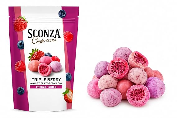 Sconza Triple Berry Freeze-Dried Berries Covered in Yogurt Flavored Creme, Strawberry Blueberry Raspberry Candy Snack, Resealable Bag, 18 oz