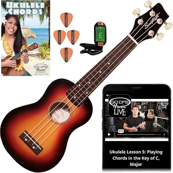 Sawtooth Sunburst Soprano Ukulele Beginner Starter Kit with Color-Matched Tuning Pitch Assistant & Picks, Free Video Lessons, Quick Start Guide, Basswood Body, Rosewood Fingerboard & Bridge
