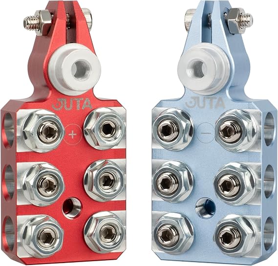 JUTA Battery Terminal Connectors, Colored Anode Top Post, Positive (Red) Negative (Blue), SAE/DIN/EN Tapered, 12-Way Terminal Clamps, 8AWG to 4/0 AWG