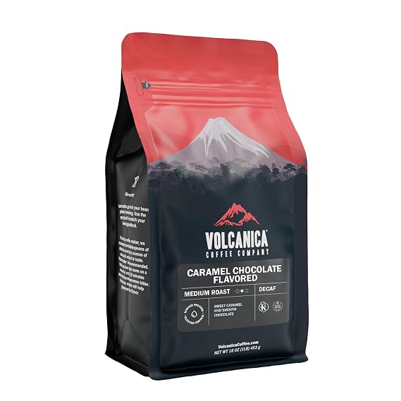 Volcanica Coffee, Caramel Chocolate Decaf Flavored Coffee, Whole Bean, Fresh Roasted, 16-ounce