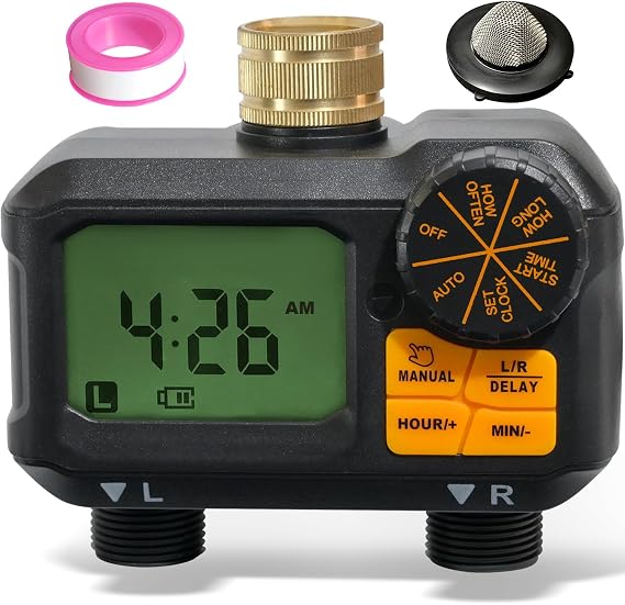 ANDOLL HOME Water Timer for Garden Hose - 2 Zone Timed Sprinkler with Rain Delay/Manual Watering/Automatic Irrigation Programmable Faucet Timer for Yard Lawn (1, Grey) (1, Premium Black)