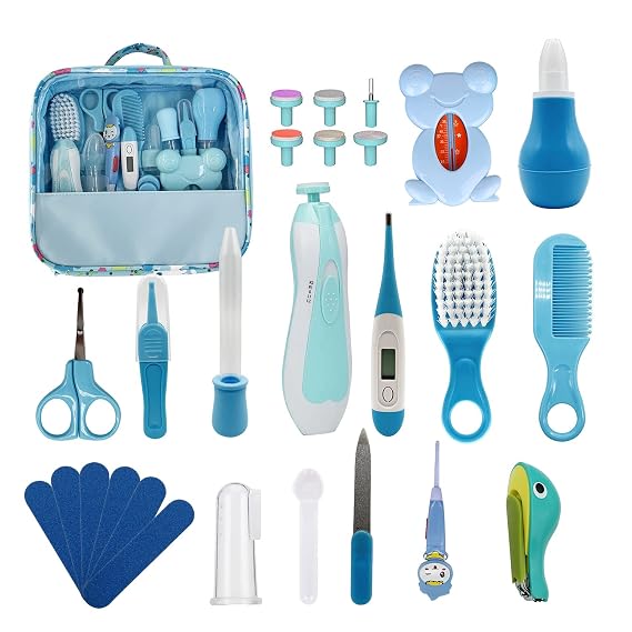 amzting Baby Healthcare and Grooming Kit, 26 in 1 Baby Electric Nail Trimmer Set Newborn Nursery Health Care Set for Newborn Infant Toddlers Baby Boys Girls Kids Haircut Tools (0-3 Years+) (Blue)