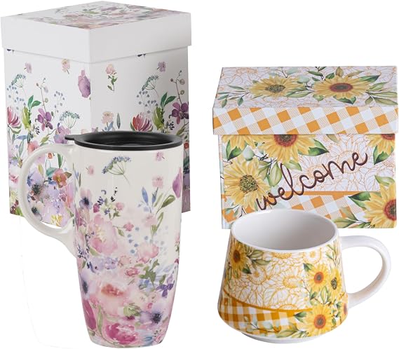 Set of 2 Ceramic Mug Travel Coffee Cup for Home & Office, Dishwasher Microwave Safe, Flower Mug Art Pattern in Color Box