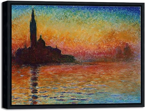 Wieco Art Framed Art Dusk in Venice by Claude Monet Oil Paintings Reproduction Modern Canvas Prints Landscape Pictures Artwork Canvas Wall Art for Home office Decorations Black Frame