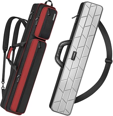 Pool Cue Case Soft 4x5 with Multiple Pockets Holds 4 Butts 5 Shafts, Red and Hard Shell Pool Stick Case 4x4 with 10 Padded Slots, Grey