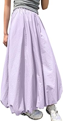 Yimoon Women Bubble Skirt Y2k High Waisted A-Line Long Skirt Ruffle Pleated Summer Casual Puff Midi Dress Purple-L, Large