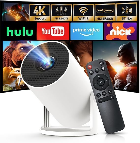 [Built-in Apps & 2026 Upgraded] Mini Projector with Wi-Fi 6 & Bluetooth 5.4, 1080P 4K Support Full HD, Auto Keystone 360 Portable Home Cinema Smart Projector for iOS/Android X1
