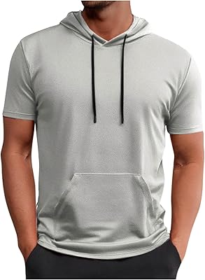 Mens Hooded Shirts Fashion Solid Color Short Sleeves Athletic Tees Shirt Summer Sport Casual T-Shirts Hoodies Tops