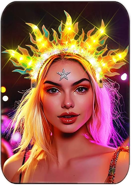 JEAIRTS Light Up Fire Headband Led Sun Goddess Halo Headpiece for Women | Flashing Flame Hairband Glowing Halloween Party Rave Costume Hair Accessories