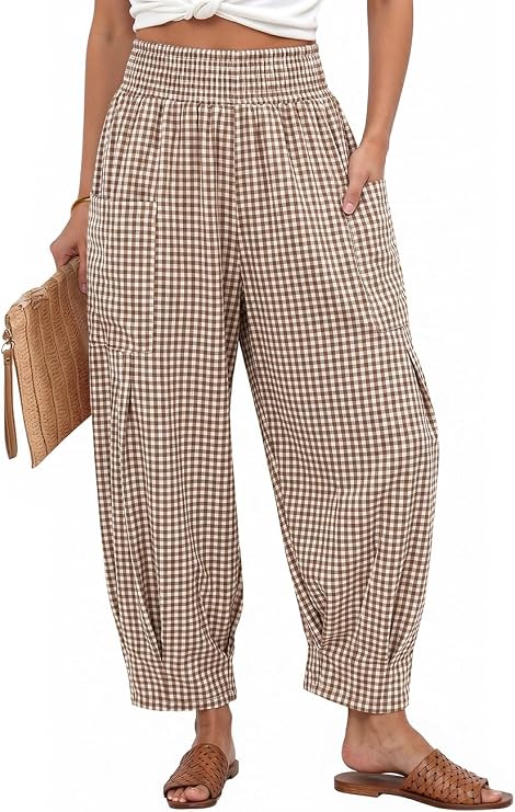 TARSE Women's Linen Gingham Pants Baggy High Waist Palazzo Pants