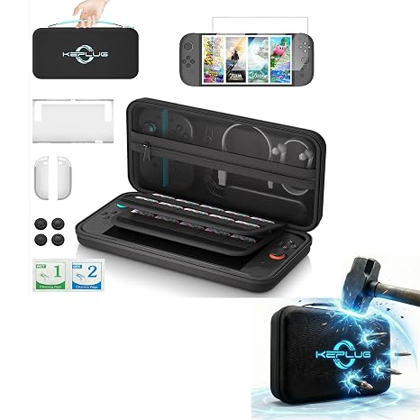KEPLUG Switch Carrying Case for Nintendo Switch & OLED,Protective Hard Shell Travel Case with Game Card Holder, Accessories Storage & Tempered Glass Screen Protector, Gift for Kids & Family
