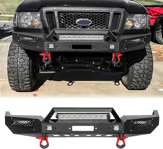 Front Bumper Compatible with 1998-2011 Ford Ranger, The 1998 Front Bumper with LED Light Bar and Winch Plate Mount Texture Black