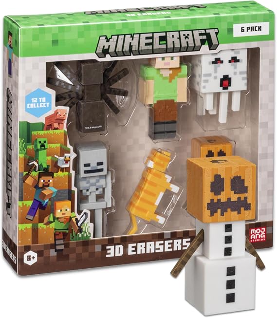 Mine Craft 3D Erasers, 6-Pack Deluxe Collector Set, 12 Iconic Characters to Collect, Own The Entire Series