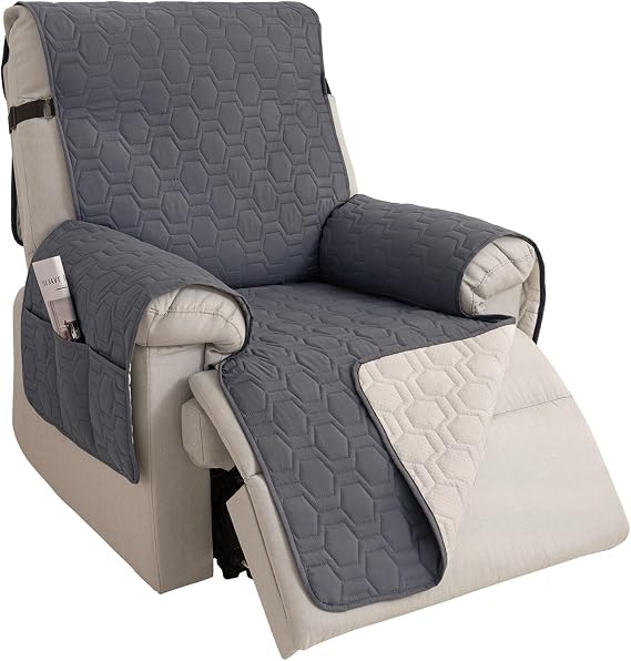 Recliner Chair Covers Waterproof, Non-Slip Recliner Sofa Covers with Elastic Straps, Quilted Recliners Couch Cover with Elastic for Pets (Grey,H91 x W22)