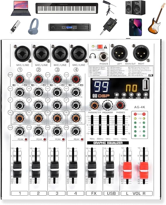 Professional 4-Channel DJ Audio Mixer with Bluetooth, 5-Band EQ, 99 DSP Effects, USB Audio Interface, +48V Phantom Power for Live Streaming, Podcasting, Karaoke, Home Studio Recording