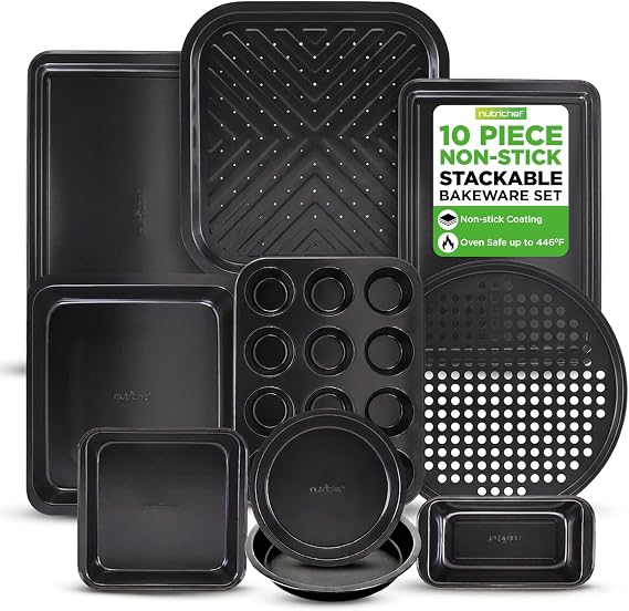 10-Piece Nonstick Bakeware Set - PFOA PFOS PTFE Free Food Grade Safe Carbon Steel Baking Tray Set - Oven Safe Up to 446F, Pizza, Loaf, Muffin, Round/Square Pans, Cookie Sheet, Etc - NutriChef NCBS10S