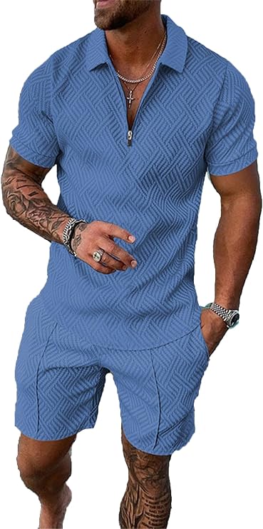 Kubsid Haze Blue M Men Track Suits 2 Piece Set Summer Casual Outfits Fashion Polo Shirts Short Sleeve and Shorts Set Vacation Clothes