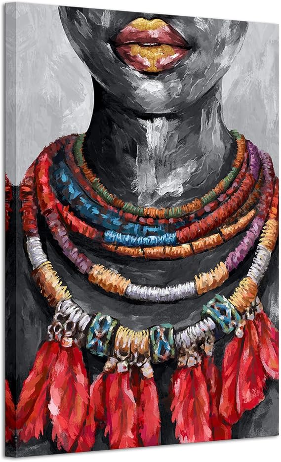iHAPPYWALL Black Girl Canvas Wall Art African American Woman Picture Tribal Necklaces Painting Artwork for Bedroom Modern Home Decor Ready to Hang 24x36inch