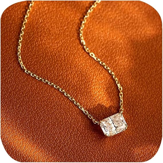 14K Gold Plated Simple Square Faux Diamond CZ Solitaire Pendant Halo Necklace AAA Cubic Zirconia Princess-Cut Cute Choker Necklaces for Women Jewelry Dainty Gift