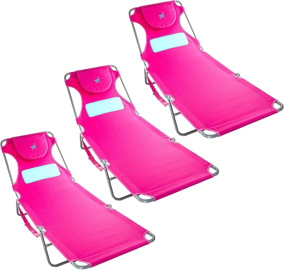 Ostrich Comfort Lounger Face Down Sunbathing Chaise Lounge Beach Chair with 3-Position Folding for Outdoor Camping, Pool, and Beach, Pink (3 Pack)