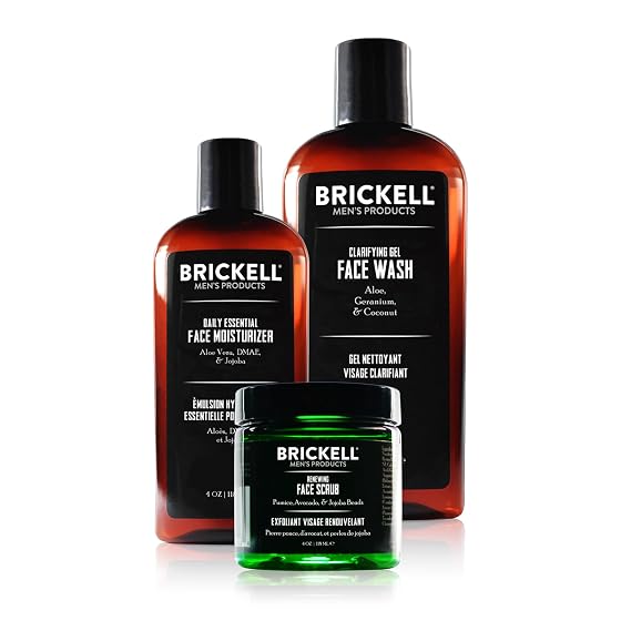 Brickell Men's Daily Advanced Face Care Routine I, Gel Facial Cleanser Wash, Face Scrub, Face Moisturizer Lotion, With Hyaluronic Acid, Aloe, and Vitamin E, Scented, Men's Skin Care Gift Set