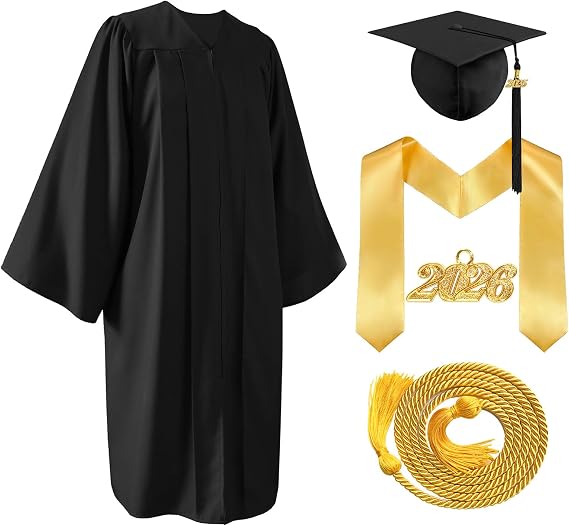 Unisex Matte Cap and Gown 2026 with Tassel Graduation Stole & Honor Cord for High School and College Graduation