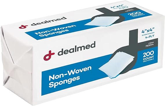 Dealmed 783044 Non-Woven Gauze Sponges - 4x4 4-Ply Non-Sterile, 200 Count | Cotton Material, Breathable Fabric, Low Lint Design, Non Stick Surface, Rectangular Shape, Dental And First Aid