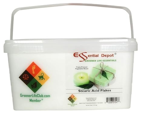 Essential Depot Stearic Acid - Triple Pressed - Vegetable Based - White Flakes - 4 lbs. Net wt - Safety Sealed PP Container with Resealable Lid and Removable Handle