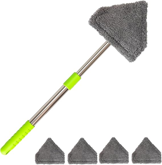 Car Windshield Squeegee Cleaning Tool - Vehicle Window Cleaner with 4 Reusable Washable Microfiber Pads, Telescoping Handle (13" - 16.7"), 180 Rotatable for Both Interior and Exterior Car Glass.