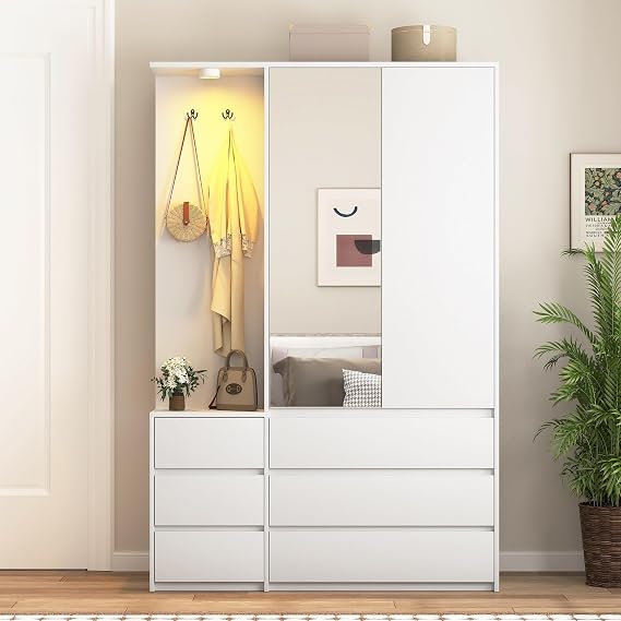 72'' Armoire Wardrobe Closet with Mirror and 6 Drawers,Bedroom Armoire Wardrobe Cabinet with Hanging Rod and Light,Wooden Bedroom Closet with 3 Storage Shelf (White)